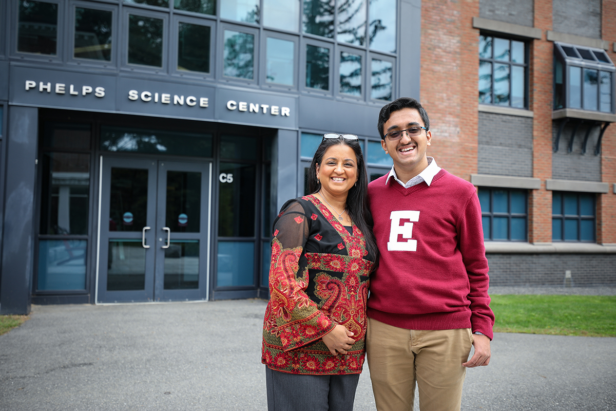 Ayush Noori and his mother in front of Phelps Science Center.