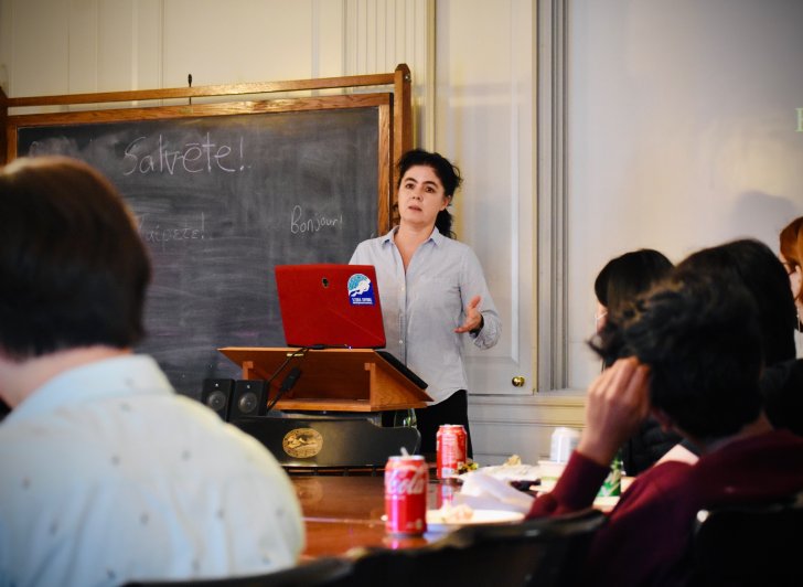 Dr. Bridget Buxton lectures students in the Latin Study.