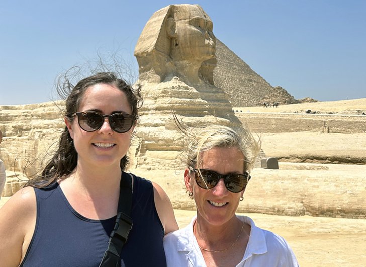 Sally Komarek and Patty Burke Hickey in front of the the sphinx