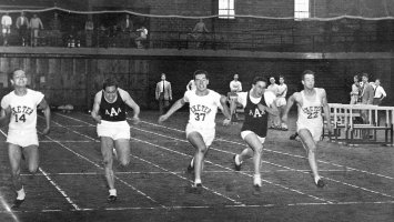 Exeter and Andover sprinters from 1952 competing in an indoor track meet