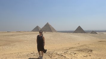 Sally Komarek in front of the pyramids