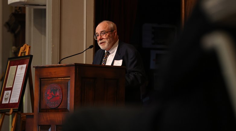 Founders' Day Award winner Peter Aldrich '62 in Assembly Hall 