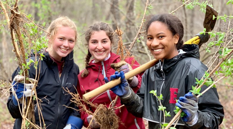 Addison Luce '21, Rachel Saltman '21 and Marymegan Wright '21 show off the fruits of their labor culling invasives from Southeast Land Trust property in Exeter.